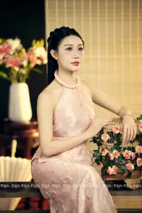 Serene Asian Beauty: Discover A Graceful Woman In A Traditional Pink Dress Amidst Blossoms.-4