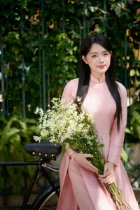 VGU No.49: Vietnamese Grace: Lady in Pink Ao Dai with Pure White Flowers-5