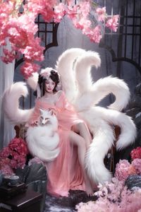 Mesmerizing Nine-Tailed Fox Cosplay: Ethereal Beauty in a Cherry Blossom Garden-1