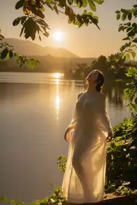 Golden Hour Serenity: Woman in White Dress Embracing Nature's Beauty by the Lake at Sunset.-5