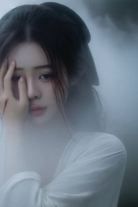 Ethereal Woman in White Dress Amidst Misty Haze Portrait-1