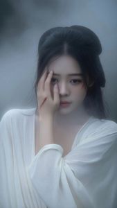 Ethereal Woman in White Dress Amidst Misty Haze Portrait-3