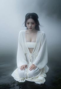 Ethereal Woman in White Dress Amidst Misty Haze Portrait-6