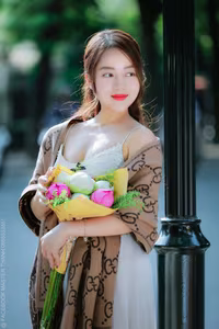 VGU No.88: Captivating Elegance A Young Woman's Gentle Beauty with a Lotus Bouquet-2