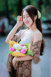 VGU No.88: Captivating Elegance A Young Woman's Gentle Beauty with a Lotus Bouquet-5