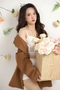 VGU No.177: Elegant Muse: Alluring Beauty in Brown Blazer & White Lace Amidst a Dreamy Floral Setting-0