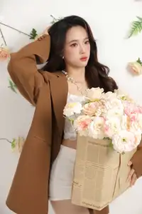 VGU No.177: Elegant Muse: Alluring Beauty in Brown Blazer & White Lace Amidst a Dreamy Floral Setting-2