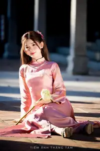 Captivating Serenity: Vietnamese Girl in Pink Ao Dai with Lotus Flowers1730591-16