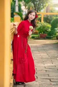 VGU No.188: Captivating Elegance: Vietnamese Beauty in Red Áo Dài with Sacred Lotus Flower.-2