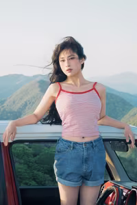 VGU No.128: Summer vibes: Young woman relaxed on a red car, captivating free spirit-6