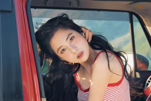 VGU No.128: Summer vibes: Young woman relaxed on a red car, captivating free spirit-2