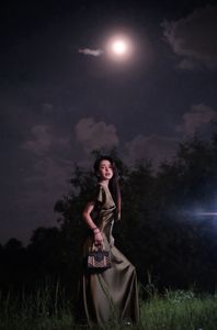 Enigmatic Beauty Under Full Moonlight: Woman in Elegant Silk Gown, A Dreamlike Night Moment.-0
