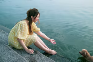 VGU No.135: Capturing Youthful Radiance: Girl in Yellow Dress Finds Serenity by the Lakeside.-5