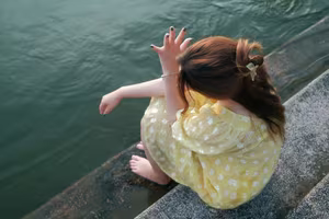 VGU No.135: Capturing Youthful Radiance: Girl in Yellow Dress Finds Serenity by the Lakeside.-3
