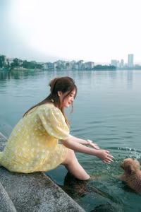 VGU No.135: Capturing Youthful Radiance: Girl in Yellow Dress Finds Serenity by the Lakeside.-8