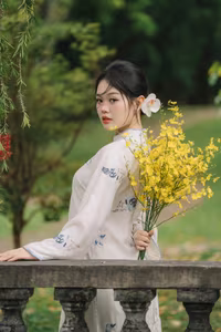 XVG No.29: Graceful Ao Dai - Unveiling the Serene Beauty of a Vietnamese Woman with Golden Blooms.-10