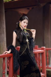 Captivating Asian Beauty in an Elegant Black Velvet Cheongsam-3