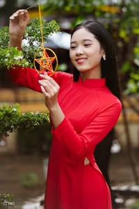 XVG No.15: The Beauty of Vietnam A Girl in Red Ao Dai with Traditional Lantern, an East Asian Cultural Symbol-6