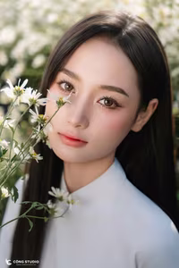 Elegant Vietnamese Woman in White Ao Dai Amidst Blooming Daisy Field - VGU No.123-6