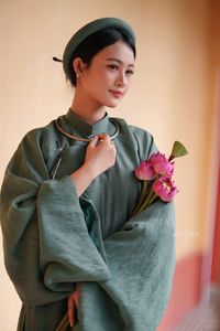Traditional Vietnamese Soul: Elegant Lady in Ao Dai with Pink Lotus - 10000199719-10