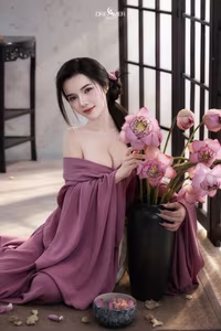 XVG No.53: Captivating Asian Beauty in Traditional Attire Amidst Serene Lotus Flowers.-4