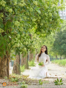 XVG No.14: Vietnamese Beauty, Graceful Girl in White Ao Dai Under Blossoming Trees, Evoking Timeless Elegance.-0