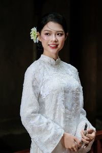 Elegant Vietnamese Woman Portrait Traditional Dress Ancient Architecture-0