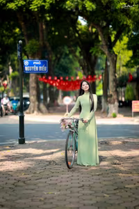 XVG No.48: Vietnamese Ao Dai Beauty Graceful Girl with Flowers and Bicycle on Historic Street-6