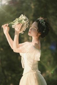 Ethereal Beauty: Girl in White Dress, Flower Crown, Poetic Nature Scene-0