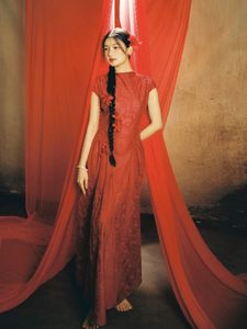 East Asian Grace: Elegant Model in Red Dress, Artistic Pose-0