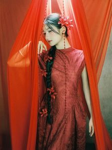 East Asian Grace: Elegant Model in Red Dress, Artistic Pose-12