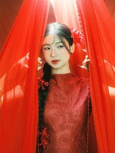 East Asian Grace: Elegant Model in Red Dress, Artistic Pose-9