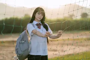 Youthful Schoolgirl in Uniform: Serene Golden Hour Beauty, a Glimpse into Nostalgic Student Life.-15