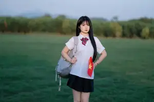 Youthful Schoolgirl in Uniform: Serene Golden Hour Beauty, a Glimpse into Nostalgic Student Life.-19