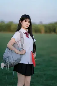 Youthful Schoolgirl in Uniform: Serene Golden Hour Beauty, a Glimpse into Nostalgic Student Life.-17