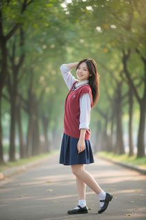 Innocent Female Student in School Uniform, Youthful Beauty on Tree-Lined Path-2