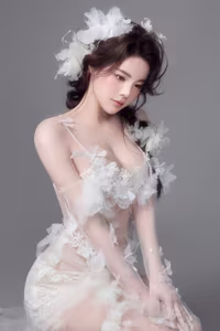 VGU No.125: Ethereal Beauty Unveiled: A Delicate Muse in White Lace and Feathers, Captivating Hearts with Angelic Grace.-3