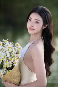 Elegant Muse in Silk Dress Amidst Blooming Garden: Captivating Asian Beauty 1000025196-6