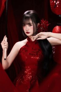 Enchanting Asian Beauty: Elegant Red Dress, Parasol and Traditional Lanterns-5