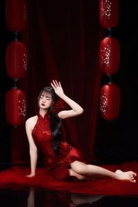 Enchanting Asian Beauty: Elegant Red Dress, Parasol and Traditional Lanterns-23