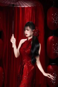Enchanting Asian Beauty: Elegant Red Dress, Parasol and Traditional Lanterns-3