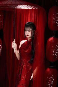 Enchanting Asian Beauty: Elegant Red Dress, Parasol and Traditional Lanterns-15