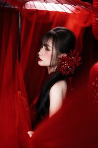 Enchanting Asian Beauty: Elegant Red Dress, Parasol and Traditional Lanterns-8