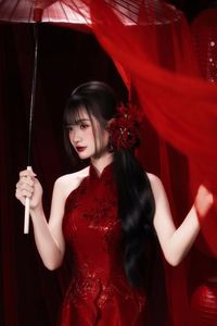 Enchanting Asian Beauty: Elegant Red Dress, Parasol and Traditional Lanterns-12
