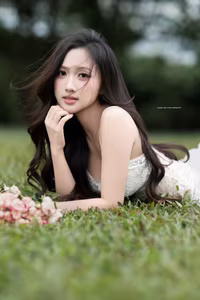 VGU No.95: Gentle beauty of a Vietnamese young woman in a pure white lace dress amidst nature.-0