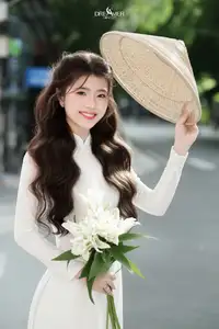 Vietnamese Schoolgirl Gracefully in Pure White Ao Dai Traditional Conical Hat and Lilies-7