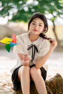 Pure White Shirt Schoolgirl | Innocent Beauty of Student Age with Colorful Pinwheel-4