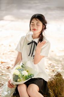 Pure White Shirt Schoolgirl | Innocent Beauty of Student Age with Colorful Pinwheel-3