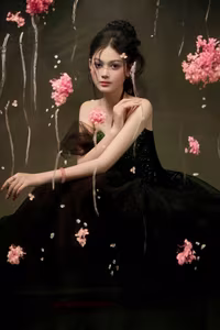 VGU No.40: Elegant Muse in Dreamy Evening Gown, Captivating Beauty Amidst Falling Petals-1