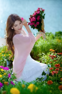 XVG No.28: Radiant beauty smiles brightly with pink roses amidst a dreamy floral landscape.-15